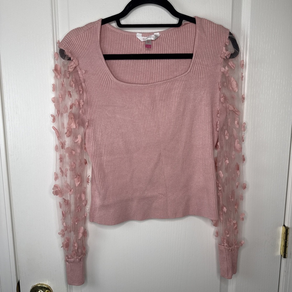 No Boundaries Pink Ribbed Knit Top Juniors L Sheer Mesh 3D Petal Sleeve Coquette